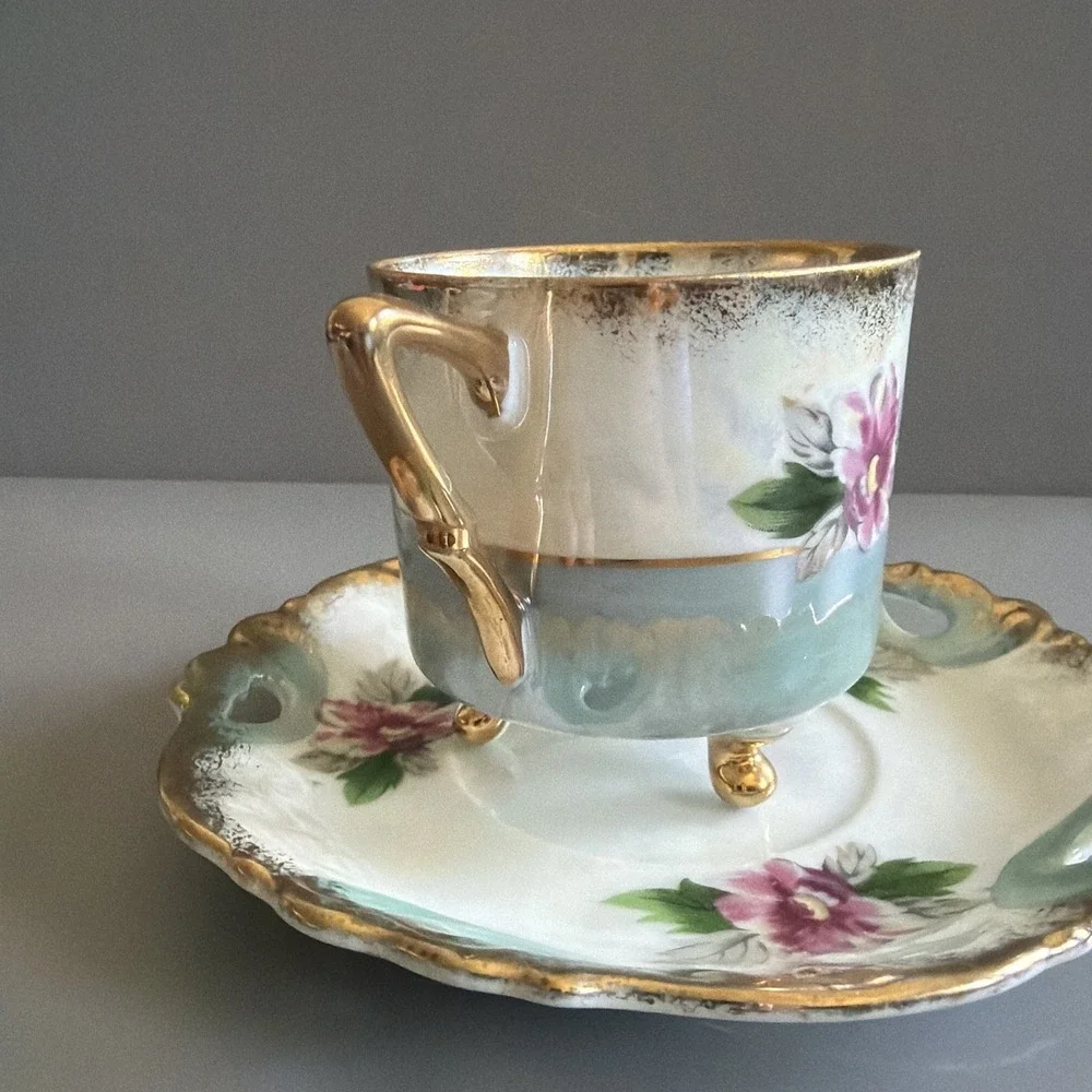 VTG Mid Century Tea Cup Saucer Sterling China Iridescent Floral Gold Tri Footed